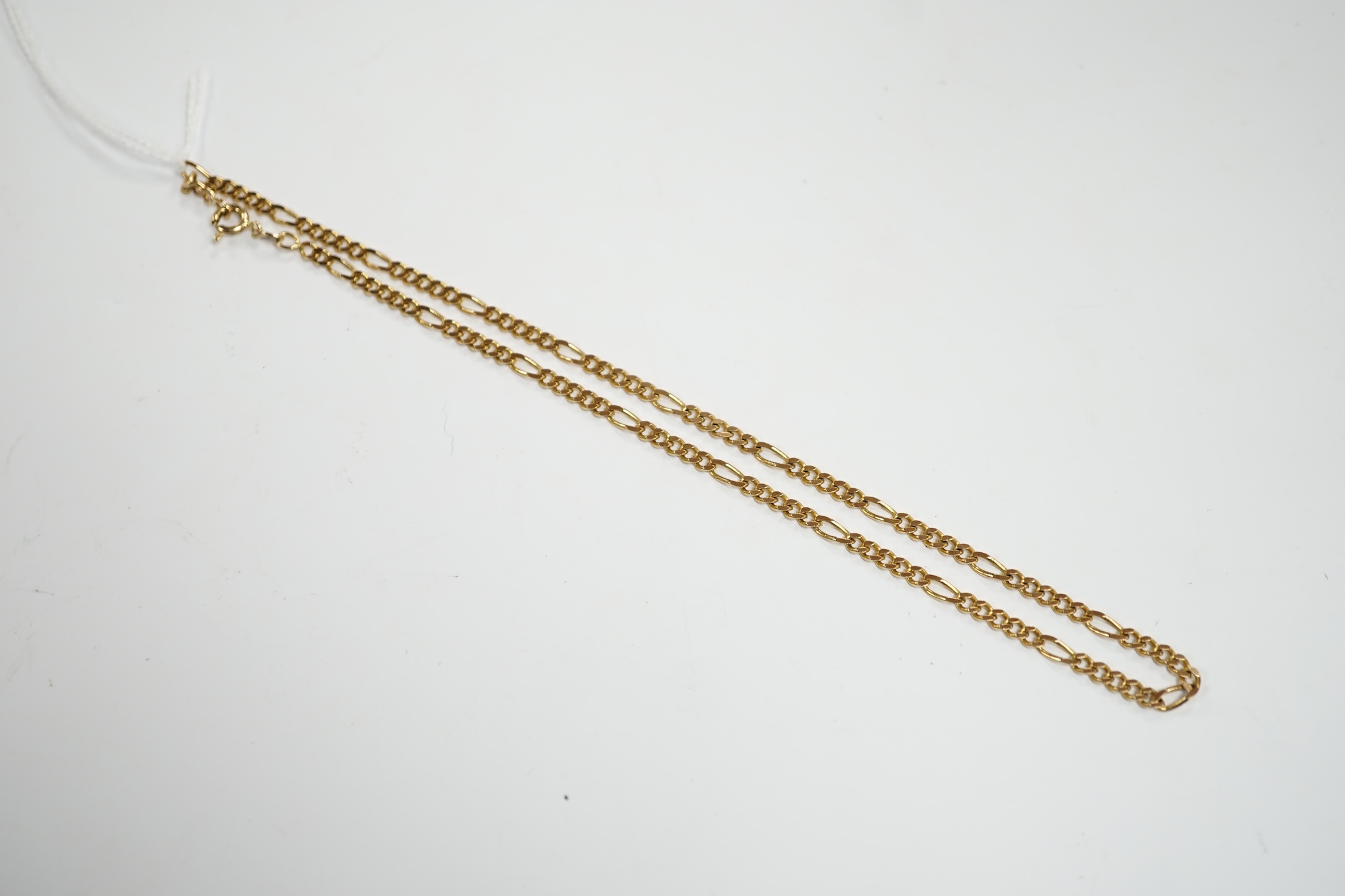A modern 9ct gold flat curb link chain, 36cm, 7.7 grams.